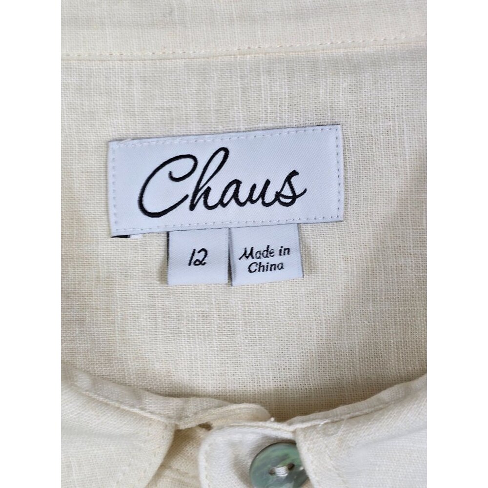 Chaus Womens Off White Button-Down Shirt Linen Cotton Blend Front Pocket Size 12 - Picture 2 of 5